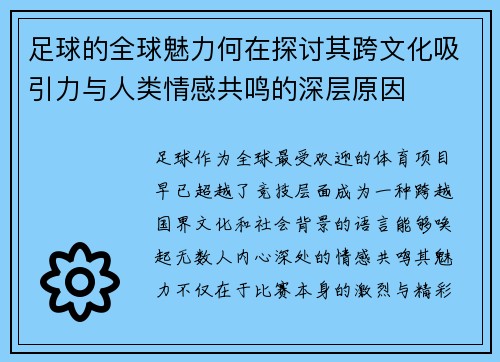 足球的全球魅力何在探讨其跨文化吸引力与人类情感共鸣的深层原因