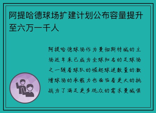 阿提哈德球场扩建计划公布容量提升至六万一千人
