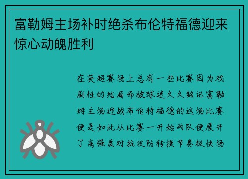 富勒姆主场补时绝杀布伦特福德迎来惊心动魄胜利 富勒姆主场补时绝杀布伦特福德迎来惊心动魄胜利